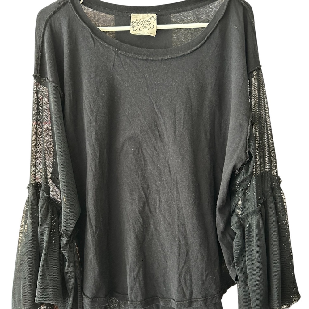 Free People Black Mesh Sleeve Bell Oversize Top Blouse Sz XS
